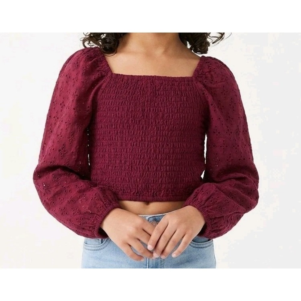Gap‎ Kids Beet Burgundy Cropped Shirt With Puff Sleeves  Girls Medium